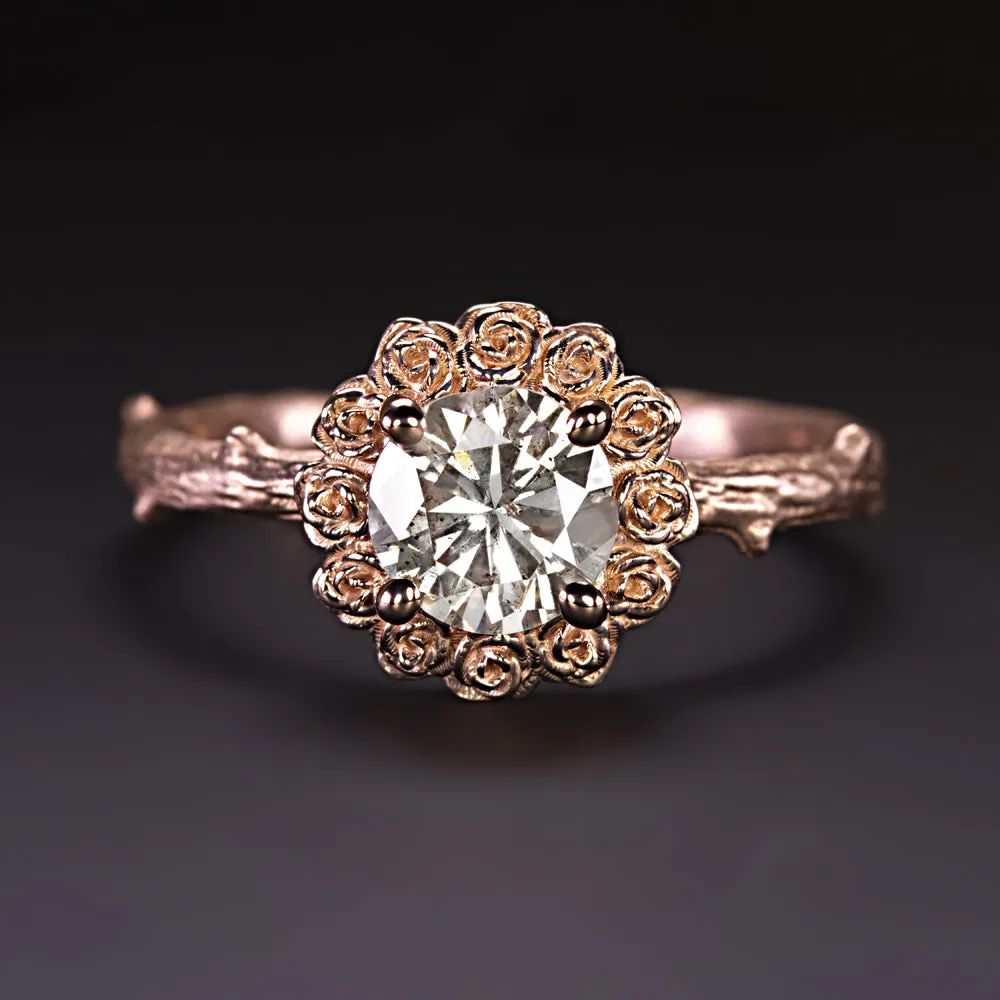 1 CARAT NATURAL DIAMOND RING FLOWER BOTANICAL 14k ROSE GOLD ROUND CUT SOLITAIRE