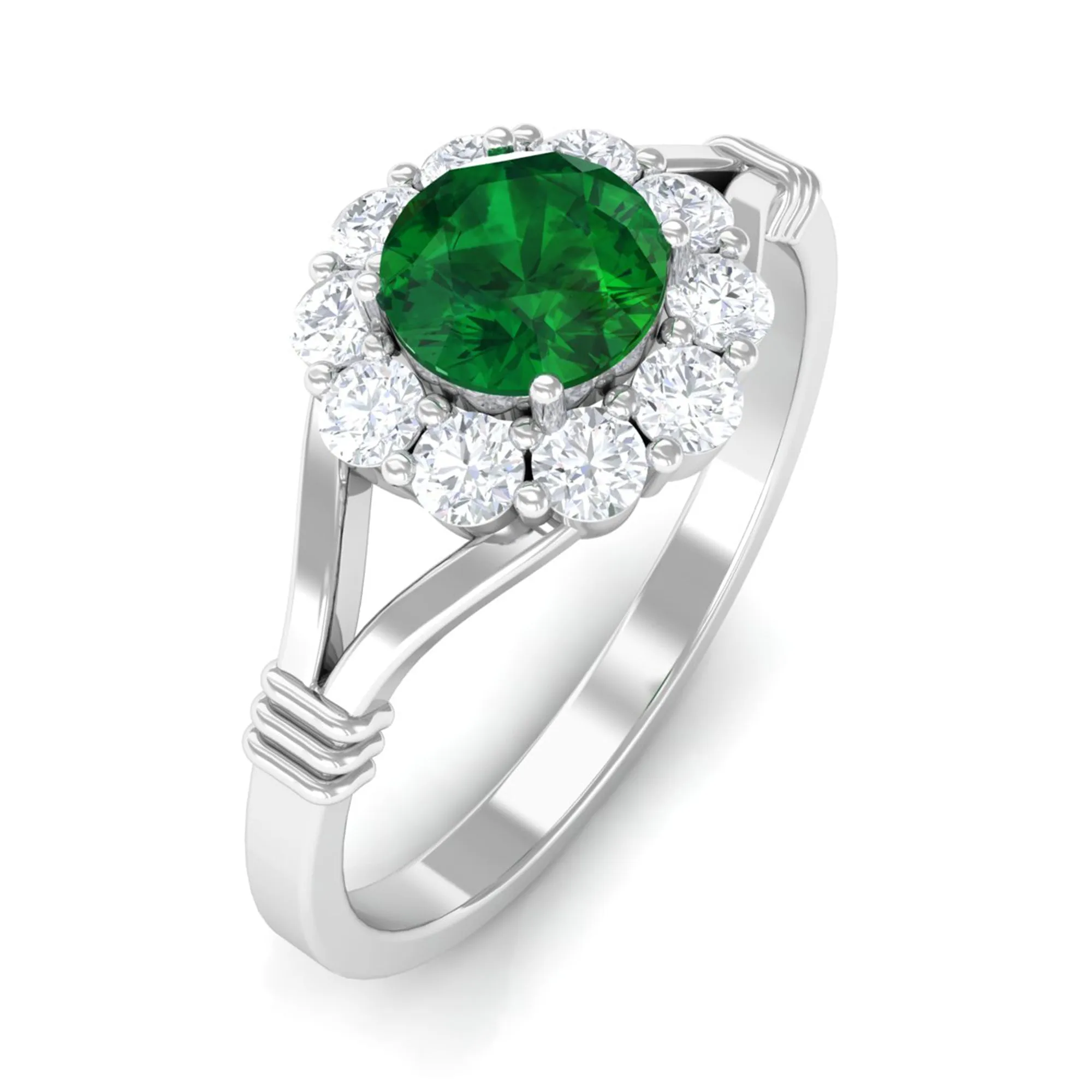 1 CT Round Created Emerald Flower Ring with Diamond Halo in Split Shank