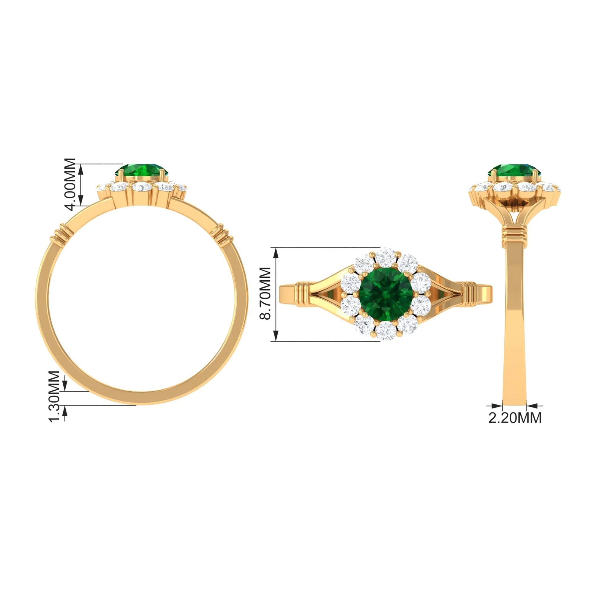 1 CT Round Created Emerald Flower Ring with Diamond Halo in Split Shank