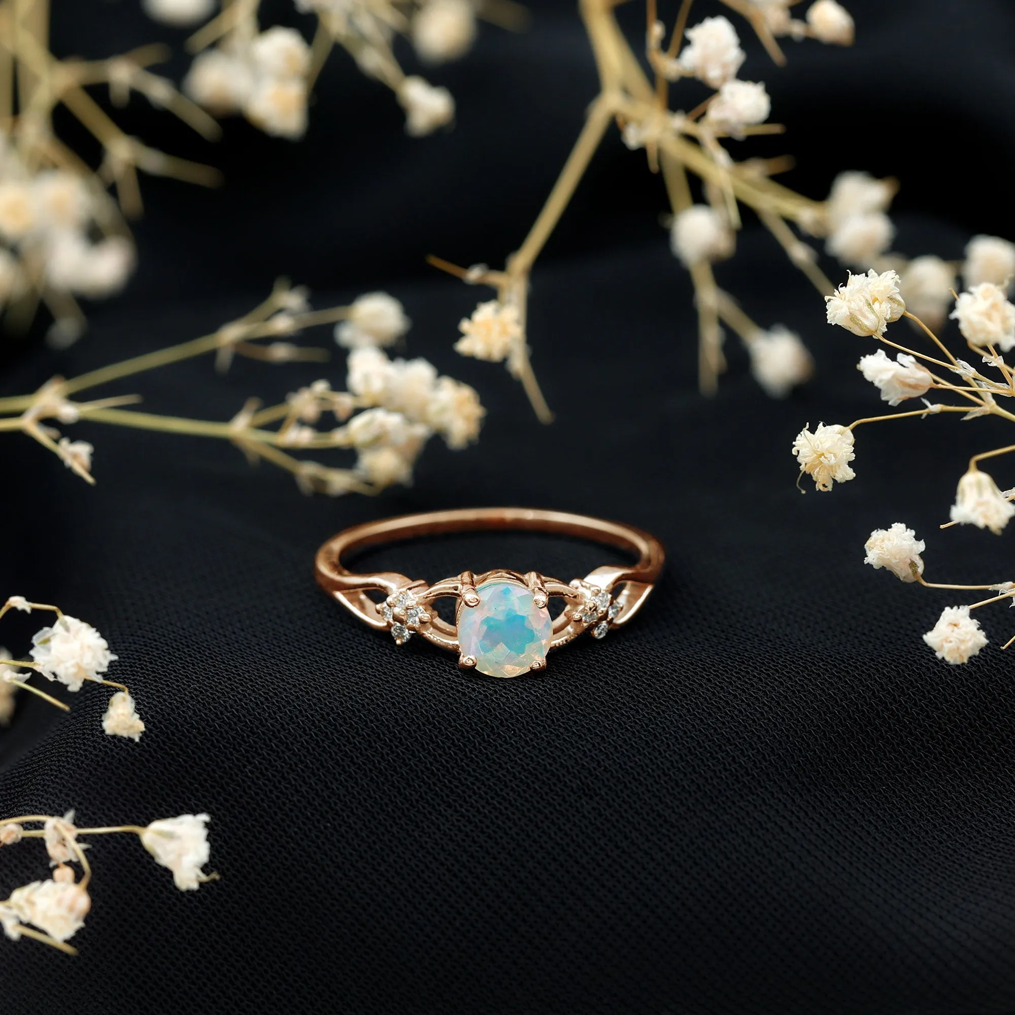 1 CT Solitaire Ethiopian Opal Floral Engagement Ring with Diamond