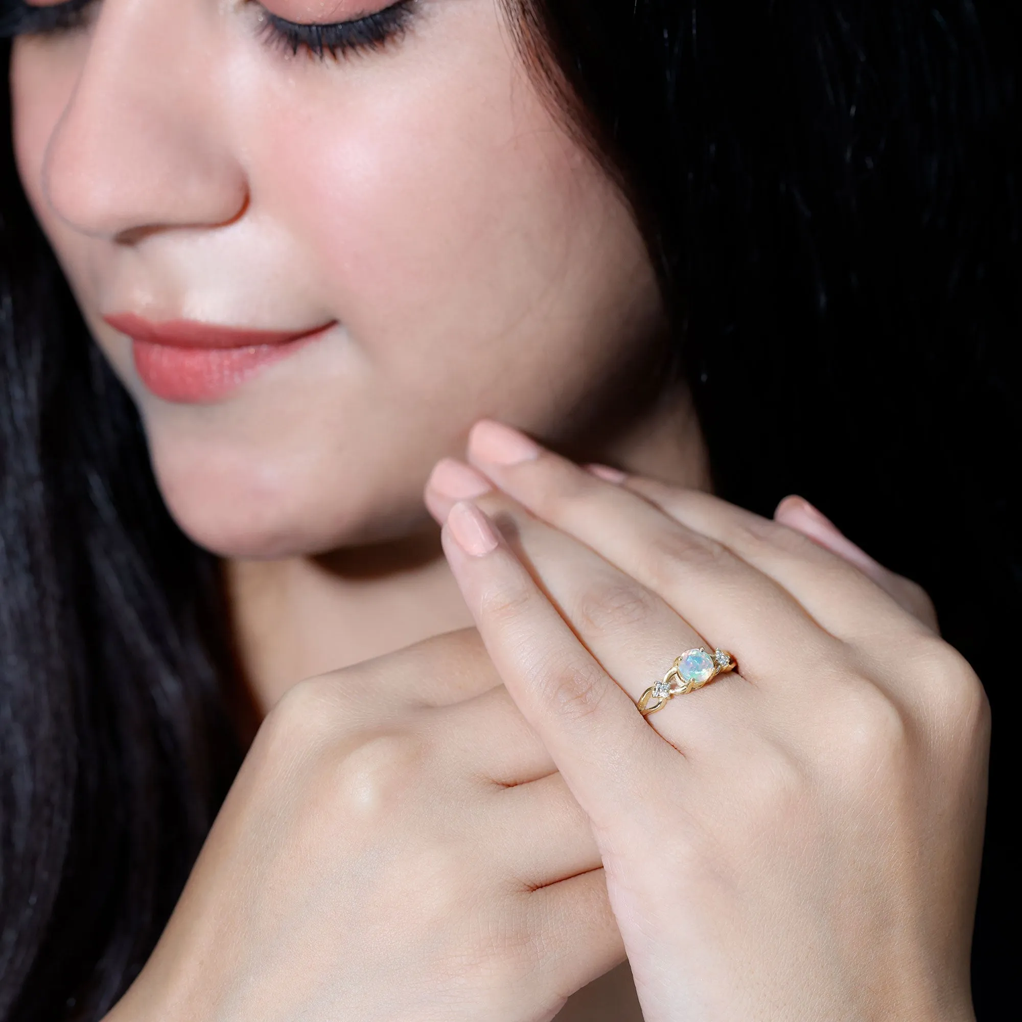 1 CT Solitaire Ethiopian Opal Floral Engagement Ring with Diamond