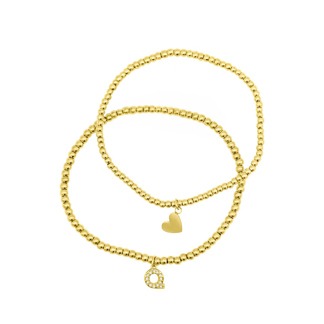 14k Gold Plated Stretch Bracelet Set With Mini Crystal Initial