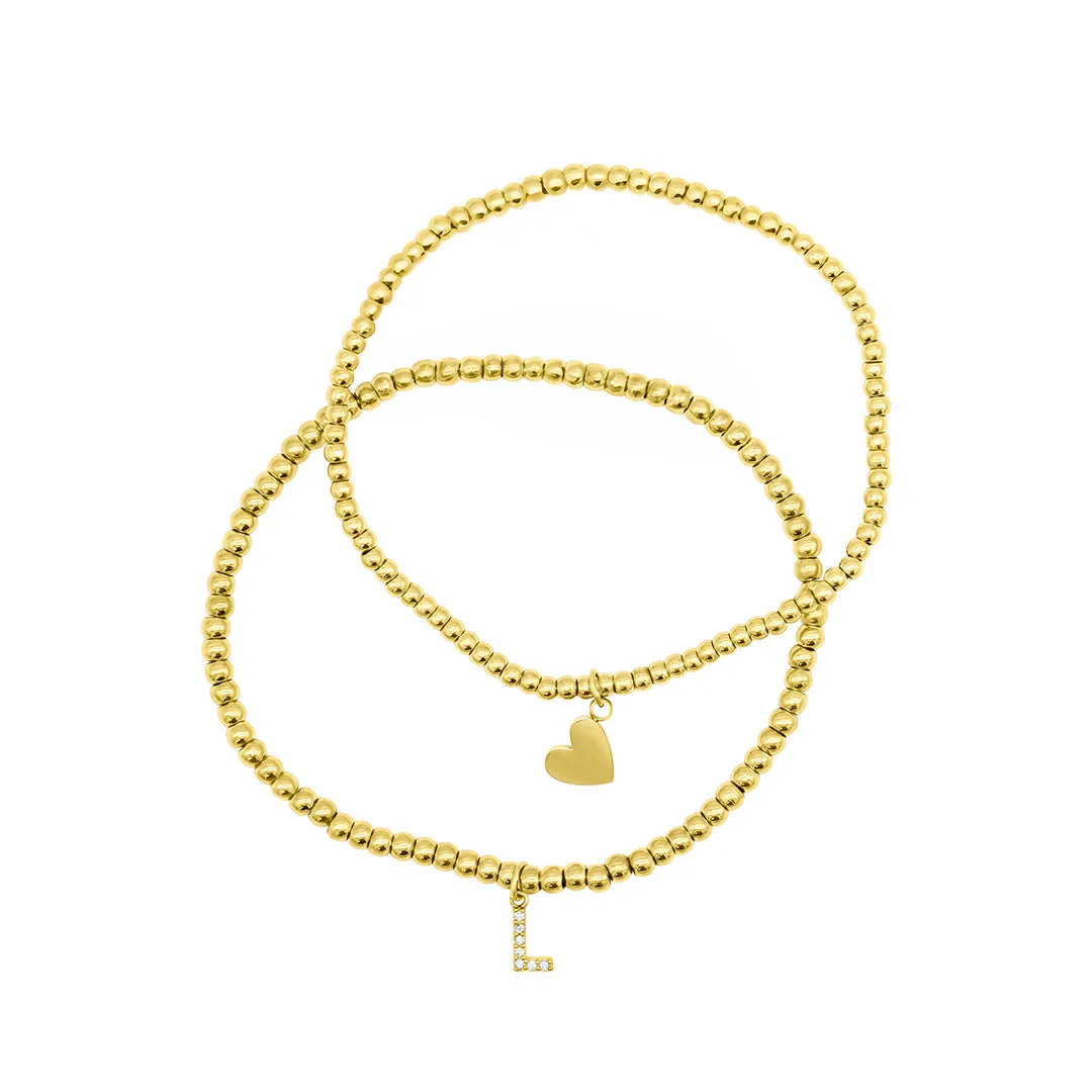 14k Gold Plated Stretch Bracelet Set With Mini Crystal Initial