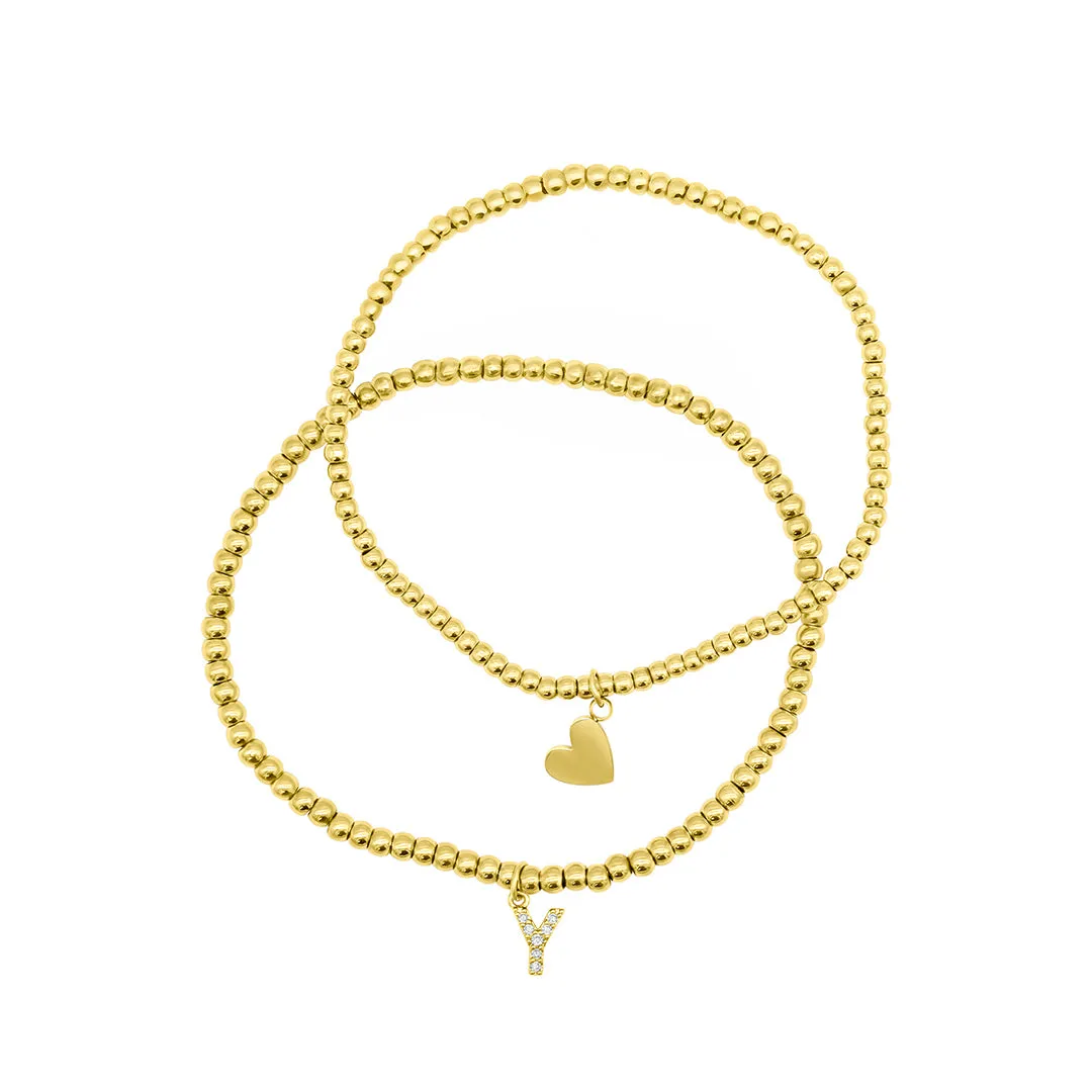 14k Gold Plated Stretch Bracelet Set With Mini Crystal Initial