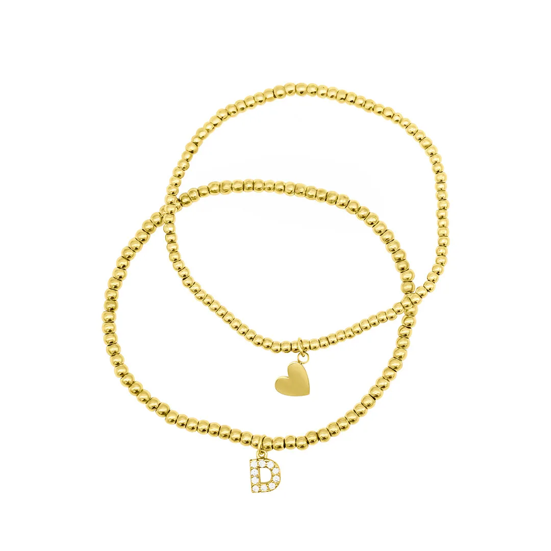 14k Gold Plated Stretch Bracelet Set With Mini Crystal Initial