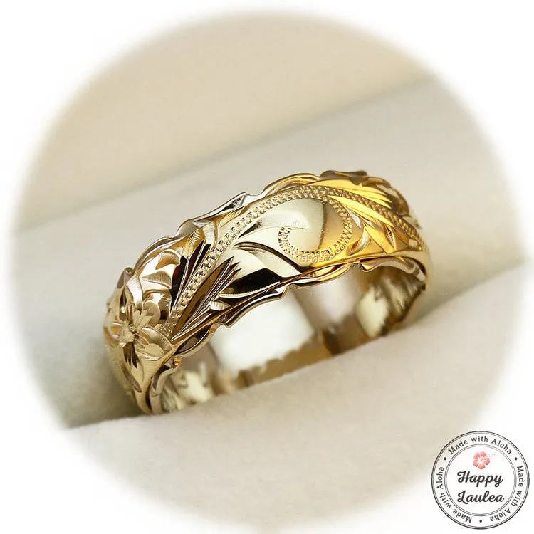 14K Gold Two Tone Ring with Hawaiian Hand Engraved Heritage Design - 8x6mm, Dome shape, Standard Fitment