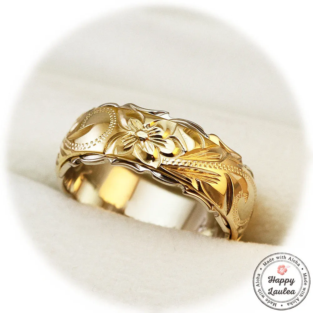 14K Gold Two Tone Ring with Hawaiian Hand Engraved Heritage Design - 8x6mm, Dome shape, Standard Fitment