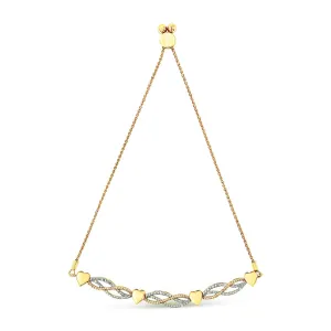 14K Yellow Gold Plated .925 Sterling Silver 1/10 Cttw Diamond Wave and Hearts Bolo Bracelet (I-J Color, I2-I3 Clarity) - 4"-10" Adjustable