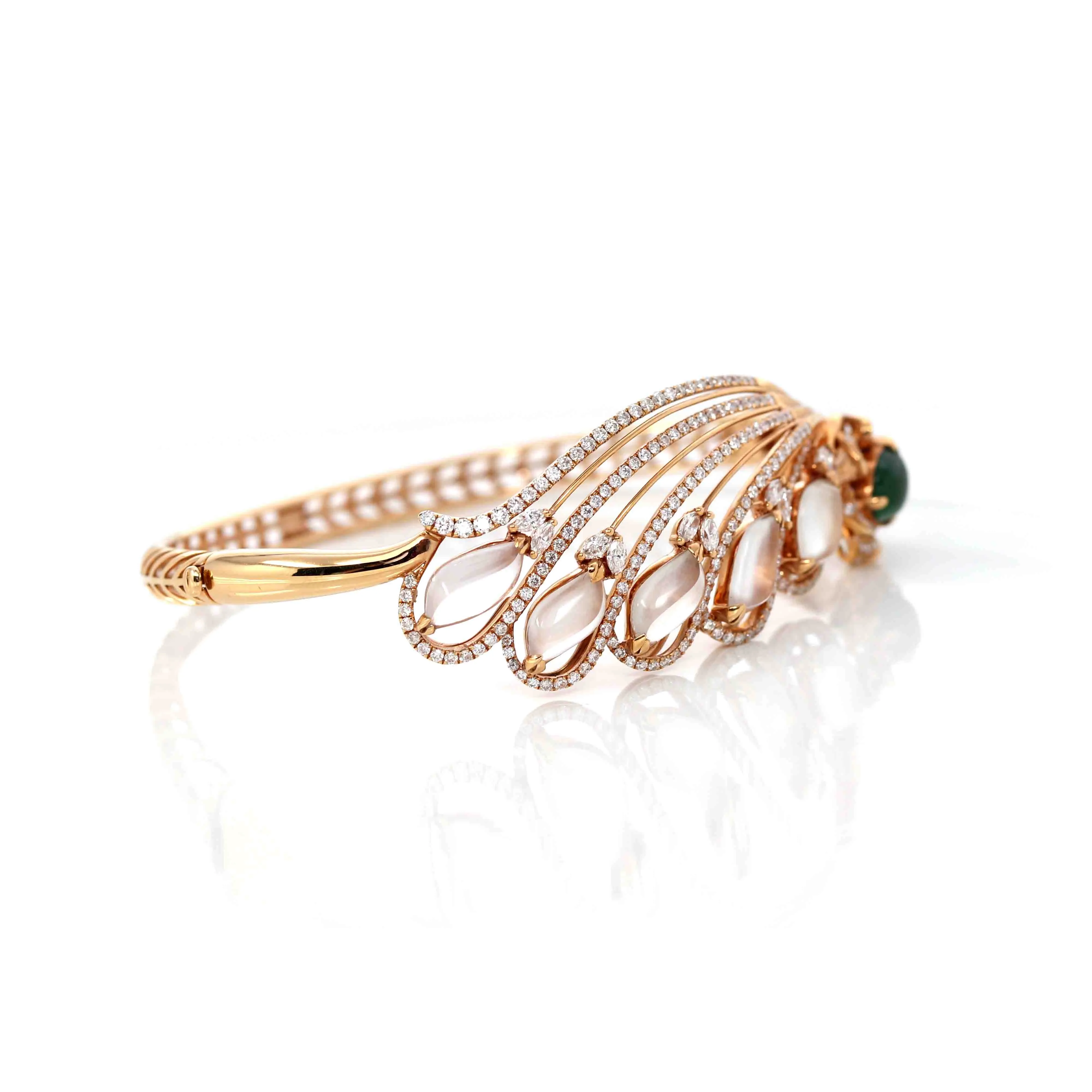 18k Rose Gold Ice Jadeite Jade Phoenix Bracelet Bangle & Diamonds (High Jewelry)