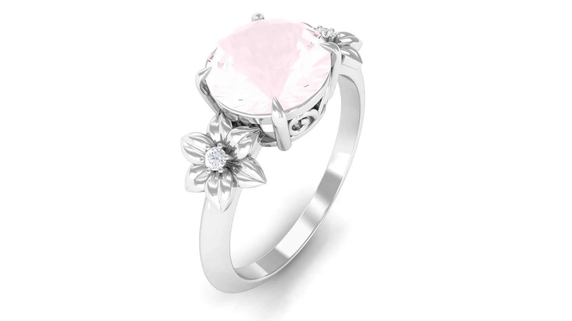 2 CT Round Rose Quartz Solitaire Flower Engagement Ring with Diamond