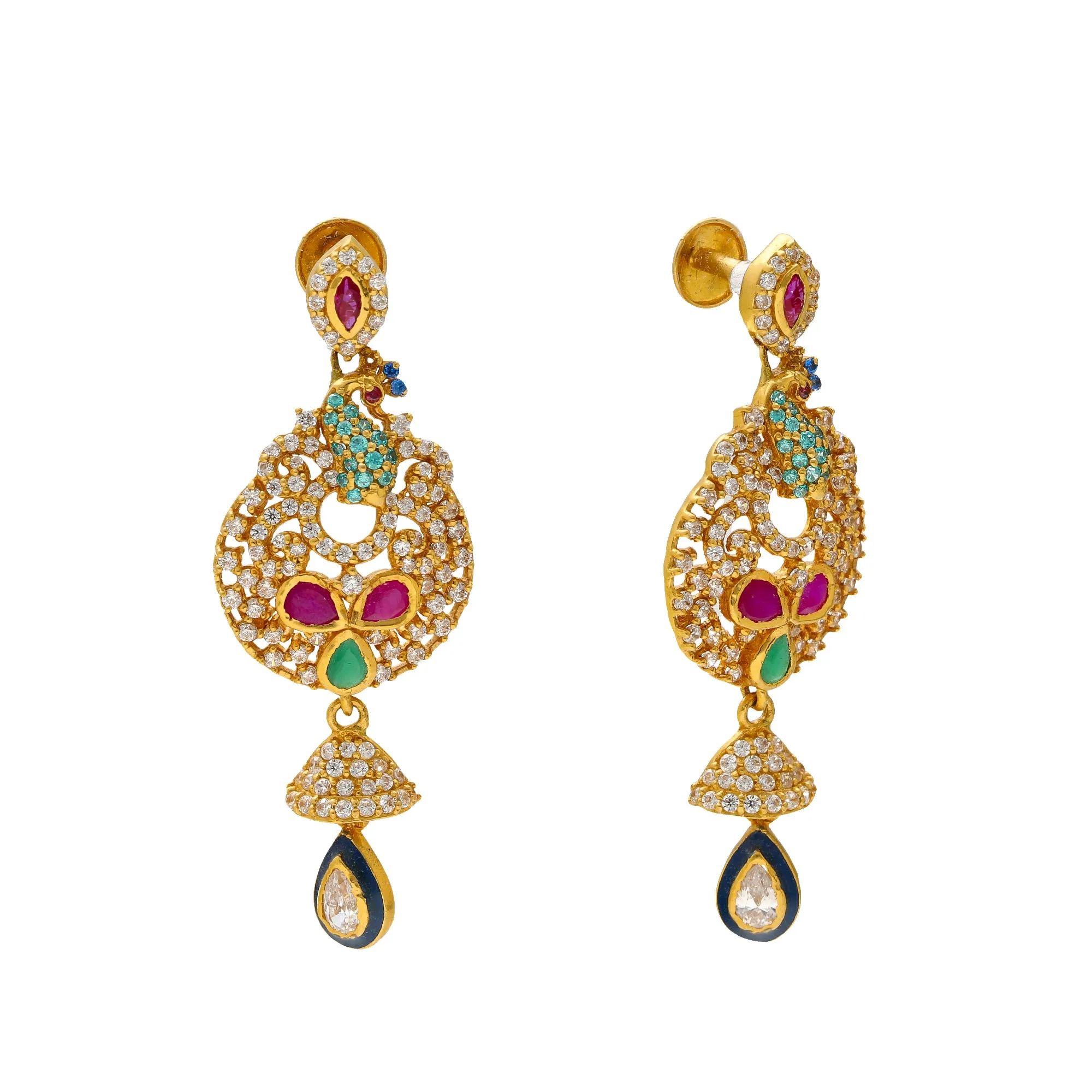 22K Yellow Gold, Emerald, Ruby & CZ Chandbali Earrings (14.3gm)