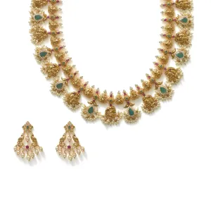 22K Yellow Gold Guttapusalu Necklace & Earrings Set W/ Pearls, Rubies, Emeralds, CZ Polki & Lord Ganesh Accents