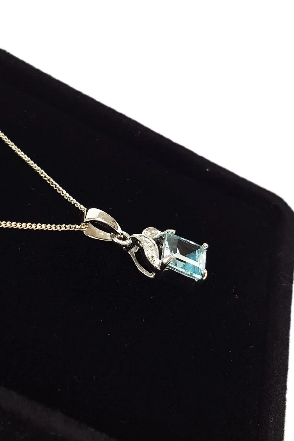 925 STERLING SILVER Aquamarine & Diamond Necklace (S)