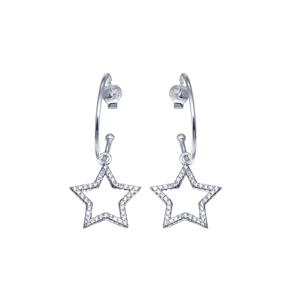 925 Sterling Silver CZ Semi Hoop Dangling Star - BGE00665