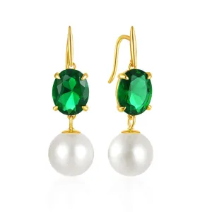 925 Sterling Silver Fashion Elegant Pearl Drop Earrings with Green Cubic Zirconia