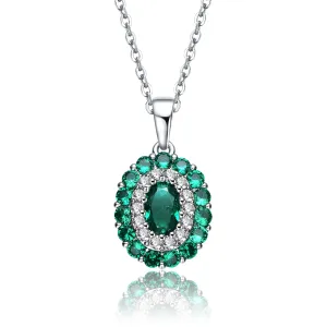 .925 Sterling Silver With Rhodium Plated And Emerald Cubic Zirconia Long Lasting Oval Pendant Necklace