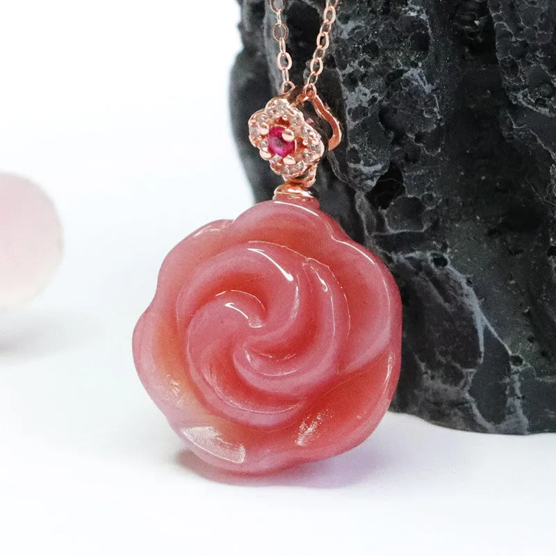 Agate Flower Pendant Sterling Silver Necklace with Zircon Rose Gold Accent