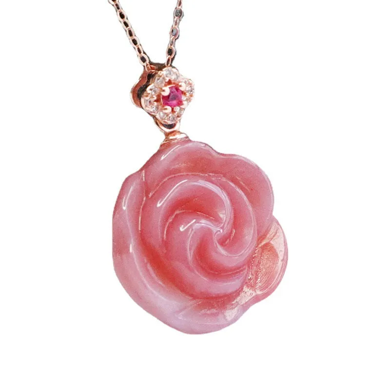 Agate Flower Pendant Sterling Silver Necklace with Zircon Rose Gold Accent