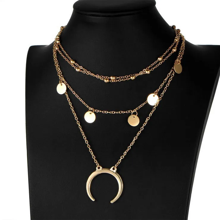 Alloy Moon Multilayer Round Bead Clavicle Chain