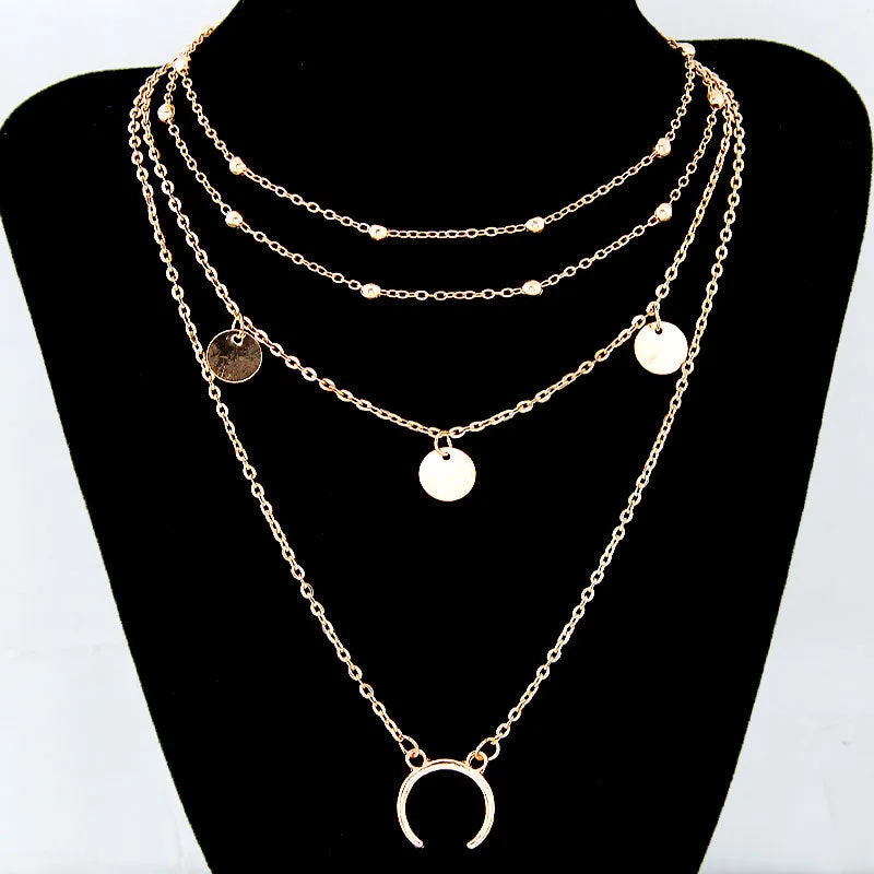 Alloy Moon Multilayer Round Bead Clavicle Chain