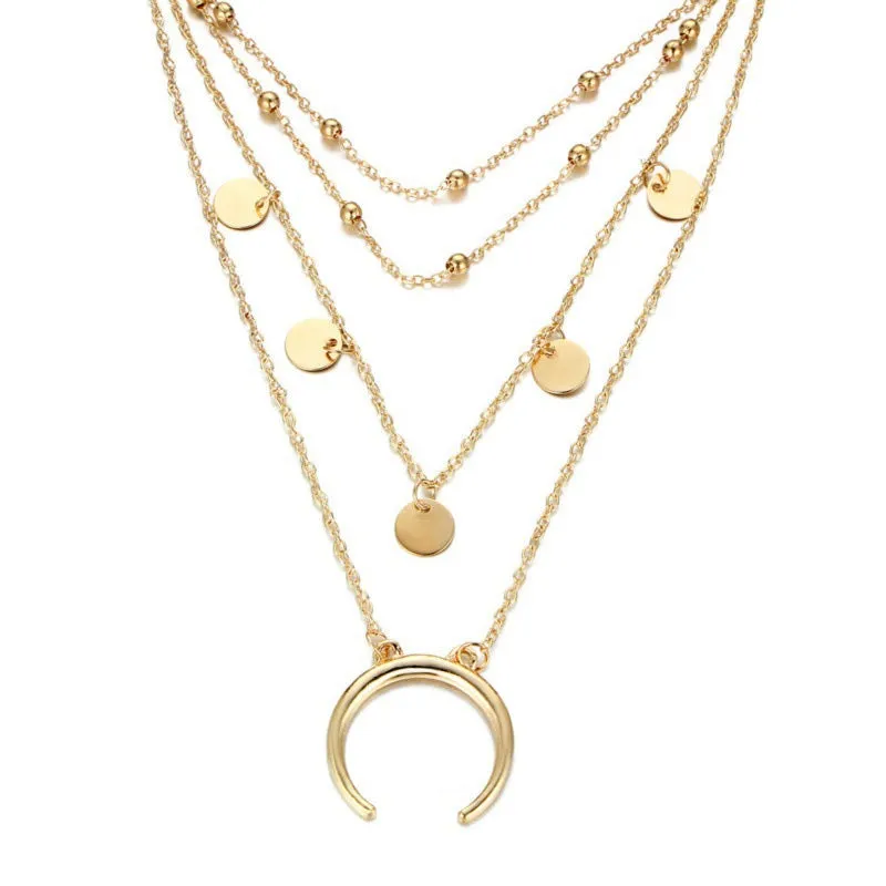 Alloy Moon Multilayer Round Bead Clavicle Chain