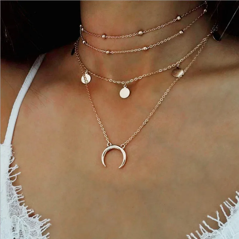 Alloy Moon Multilayer Round Bead Clavicle Chain