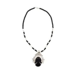 AMALU Black Agate & Silver Pendant, Intricate Etching and Black Beads