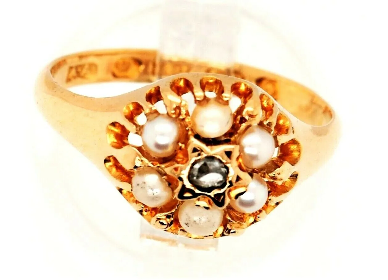 Antique Diamond & Seed Pearl 18ct Yellow Gold Ring - Birmingham c.1867