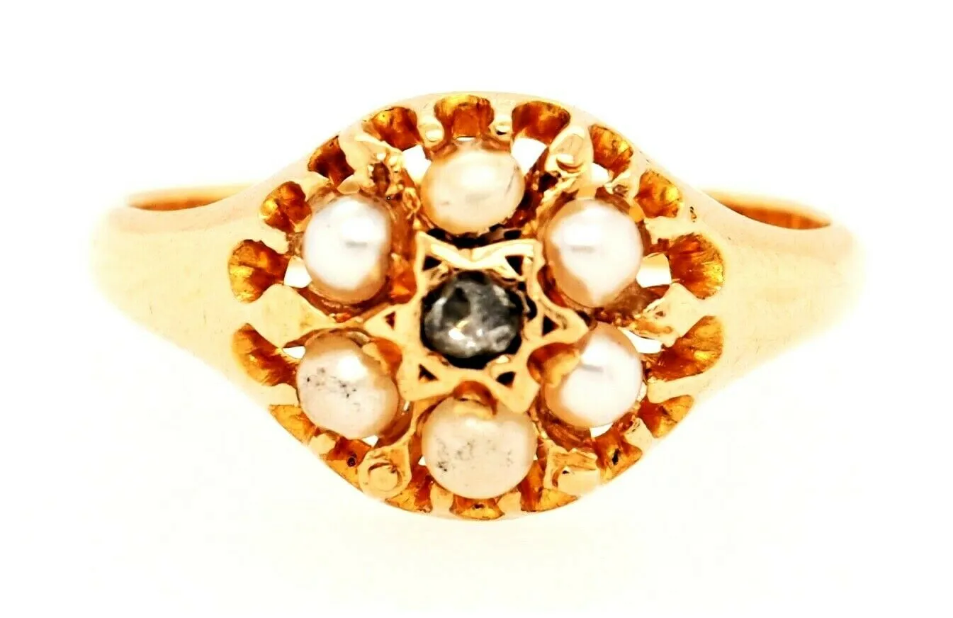 Antique Diamond & Seed Pearl 18ct Yellow Gold Ring - Birmingham c.1867