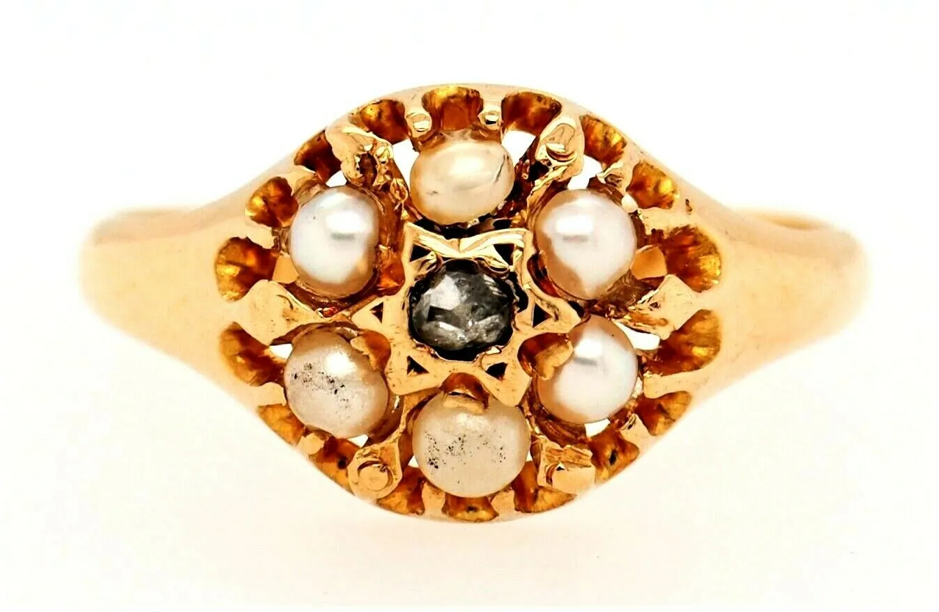 Antique Diamond & Seed Pearl 18ct Yellow Gold Ring - Birmingham c.1867