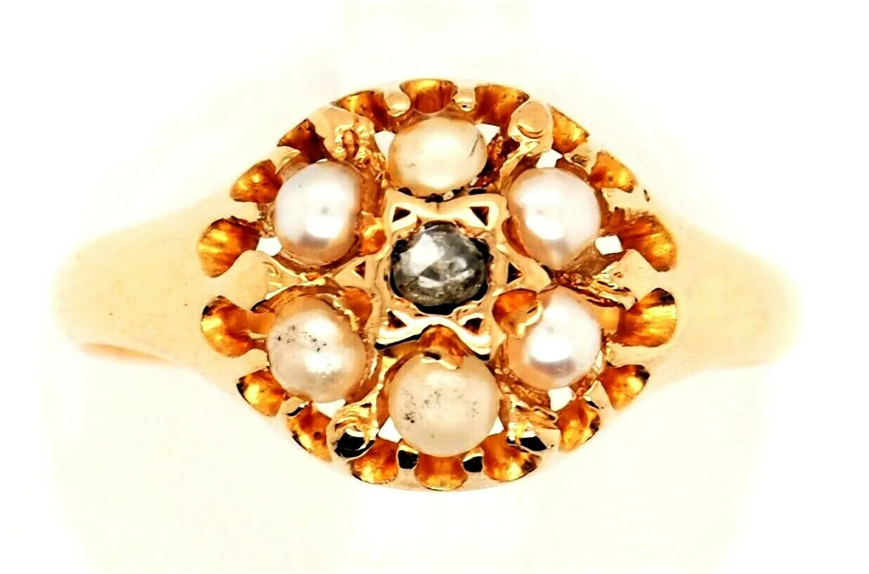 Antique Diamond & Seed Pearl 18ct Yellow Gold Ring - Birmingham c.1867