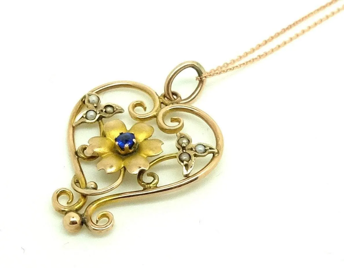 Antique Edwardian Sapphire (1891-1903) Lavalier 9ct Yellow Gold Heart Flower Pendant