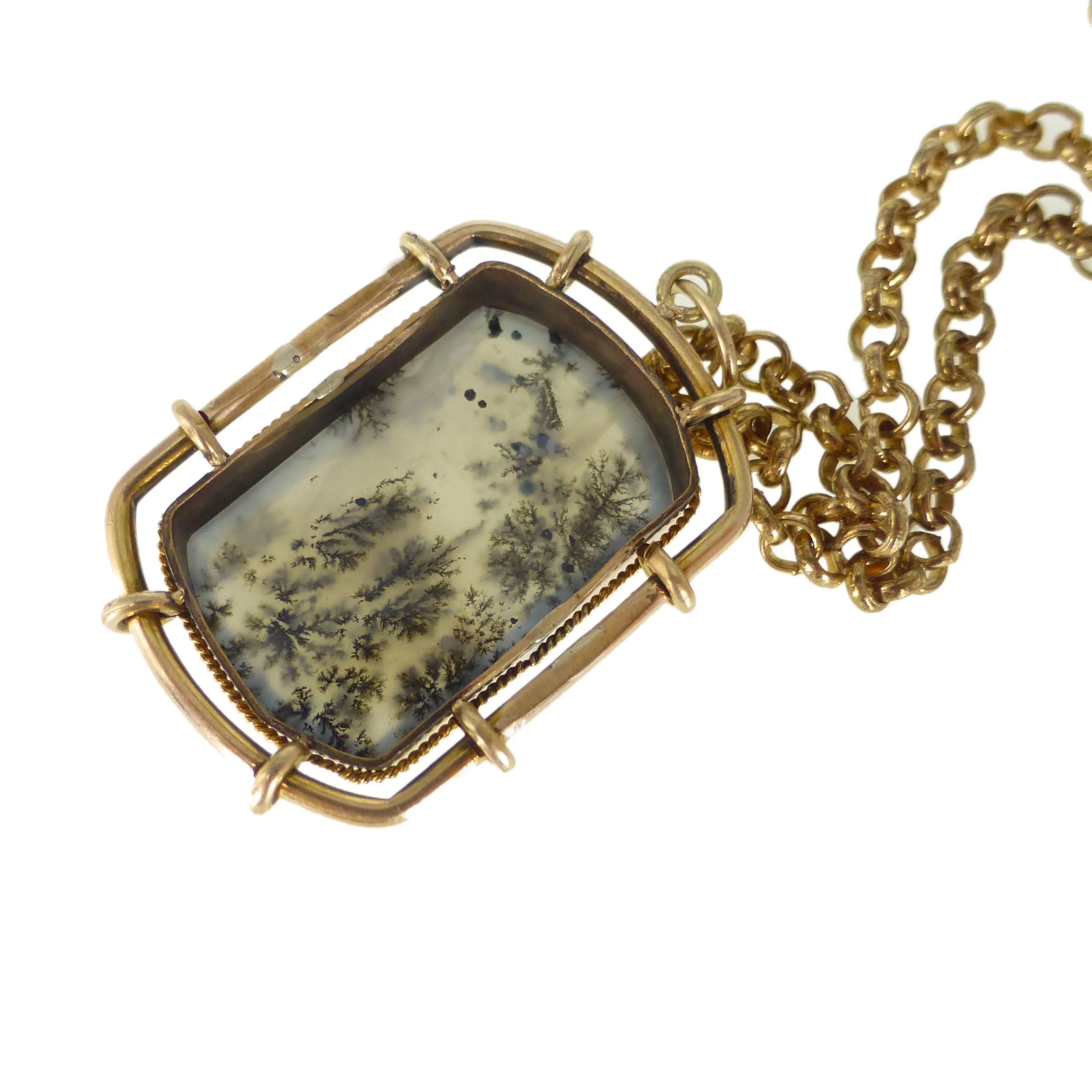 Antique Rolled Gold Dendritic Agate Pendant Necklace