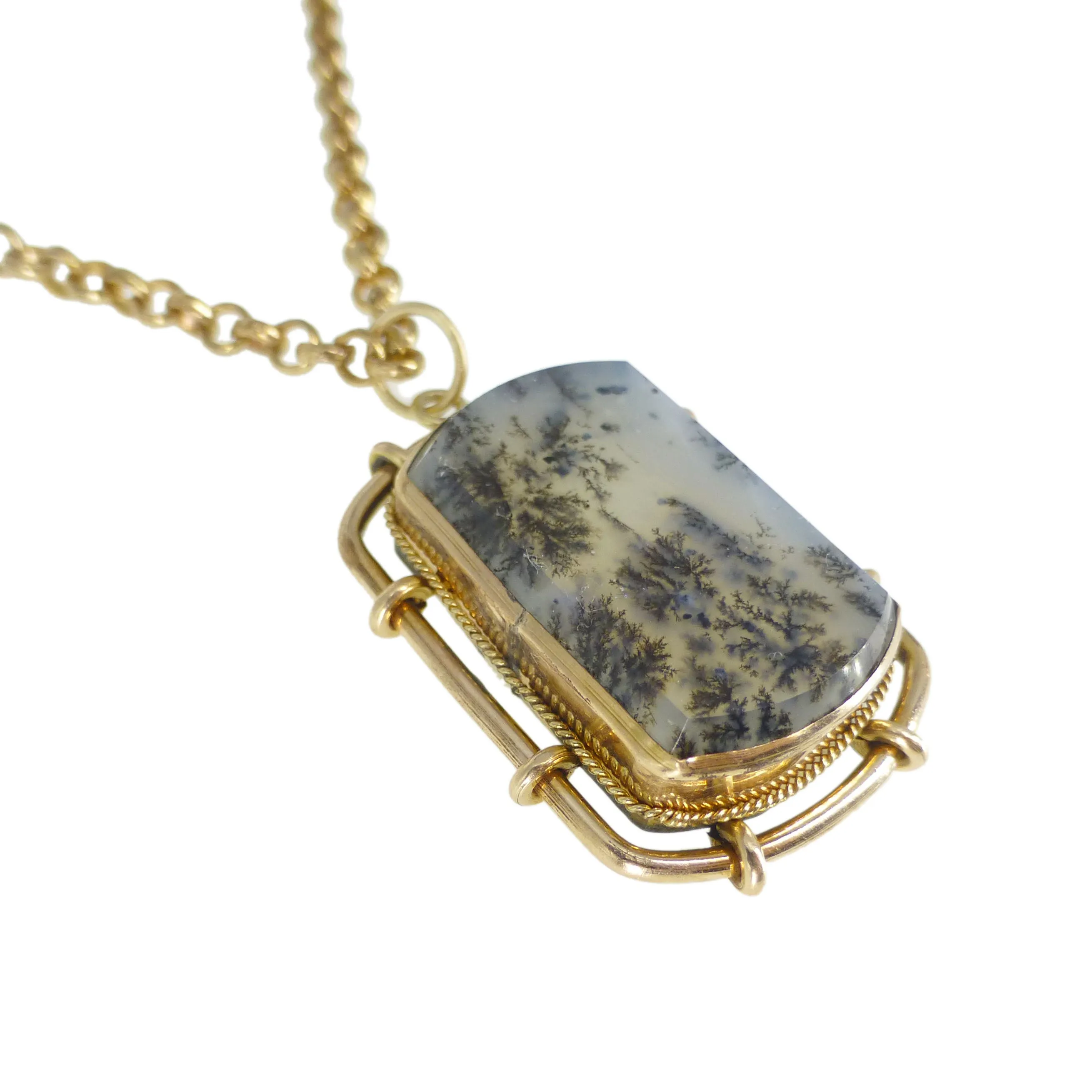 Antique Rolled Gold Dendritic Agate Pendant Necklace