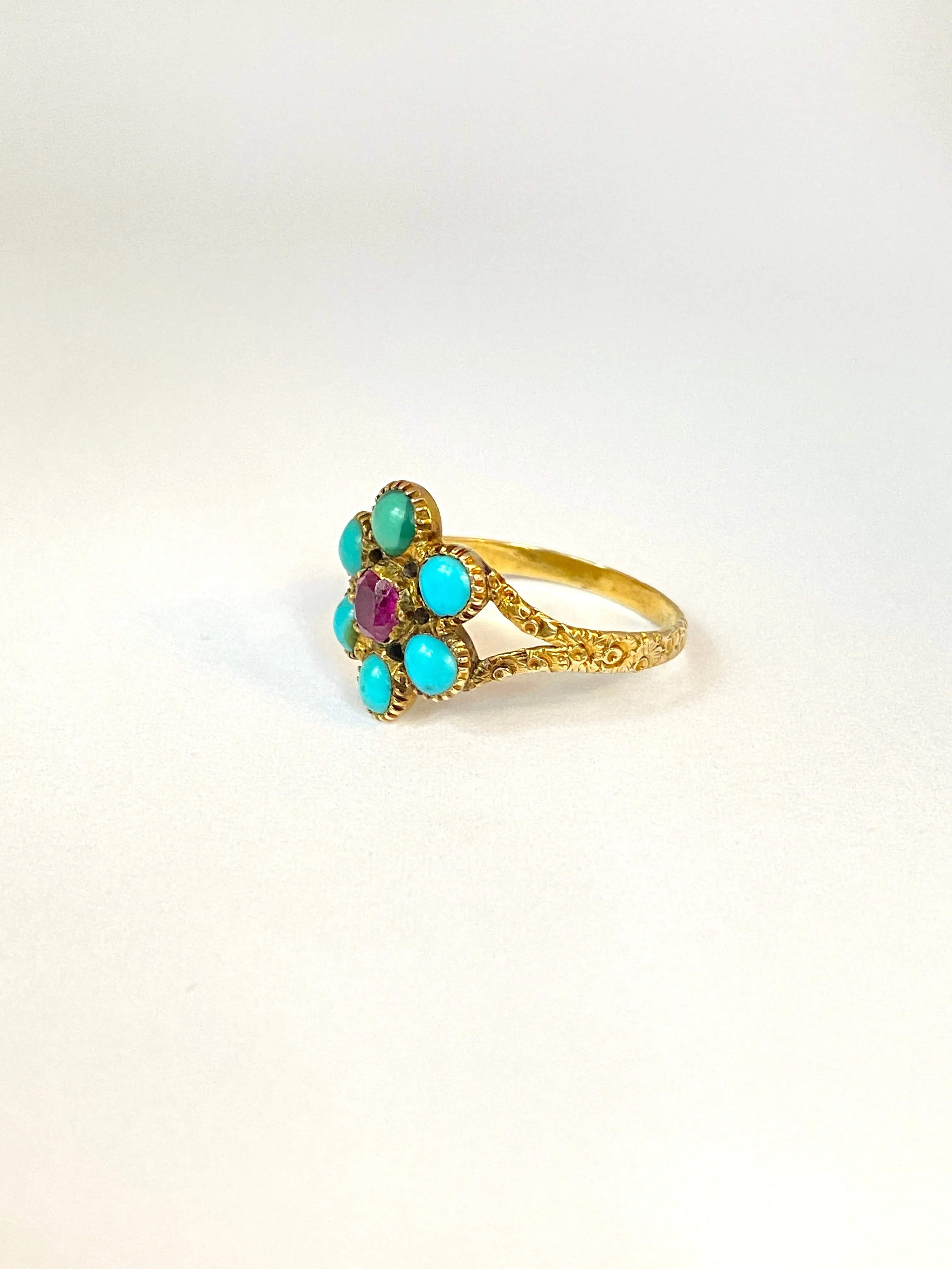 Antique, Victorian, 15ct Gold Turquoise and Ruby Flower Ring.