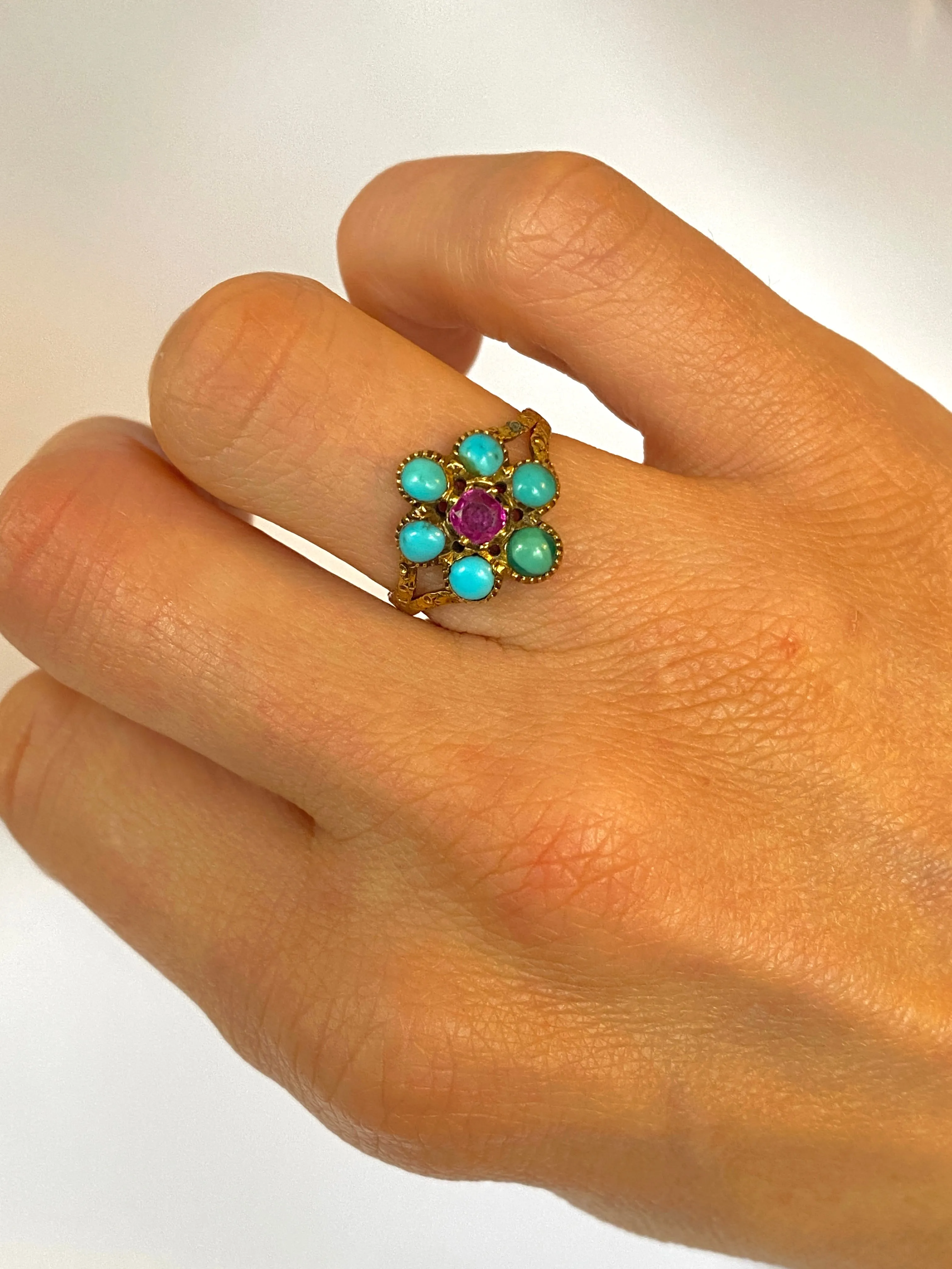 Antique, Victorian, 15ct Gold Turquoise and Ruby Flower Ring.