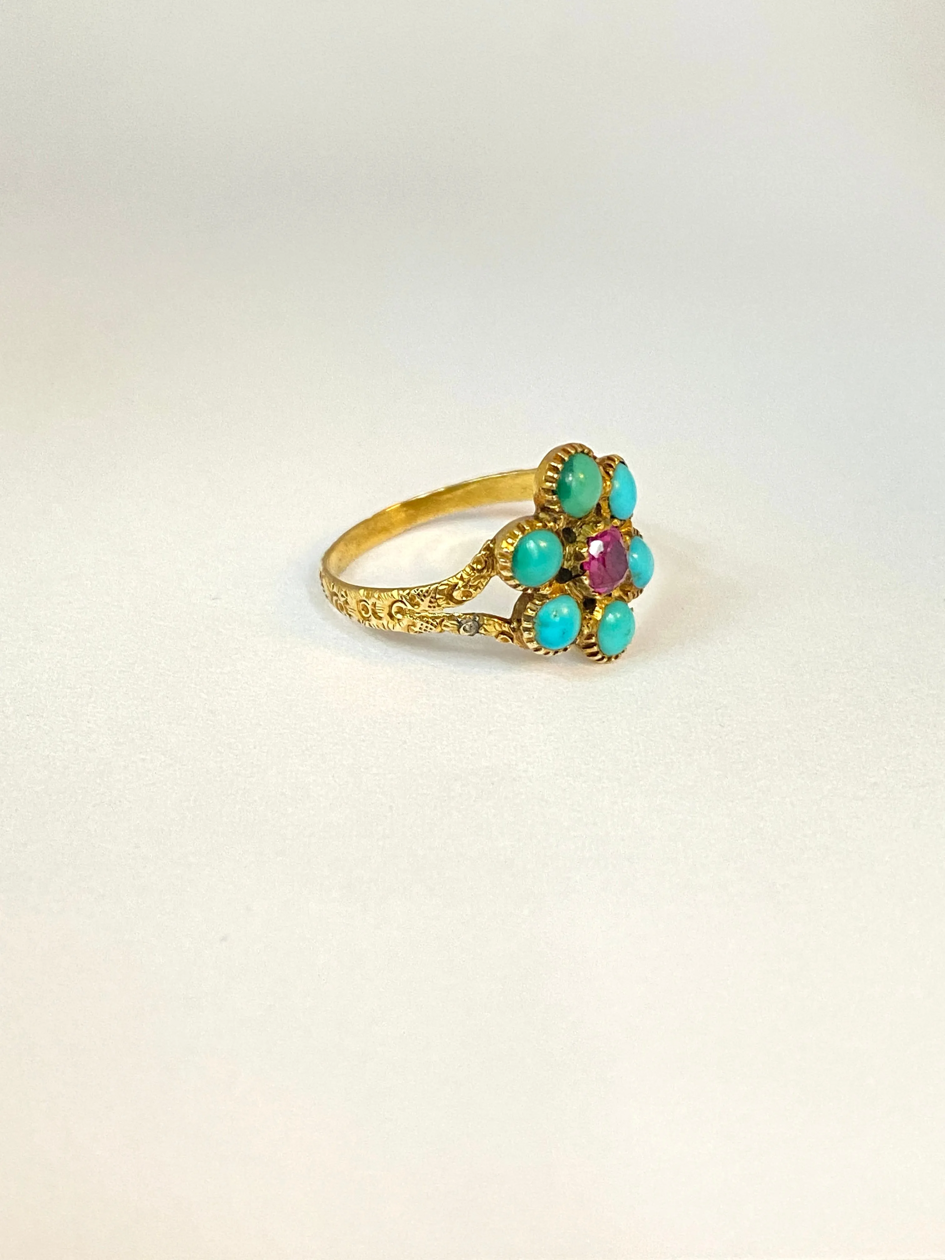 Antique, Victorian, 15ct Gold Turquoise and Ruby Flower Ring.