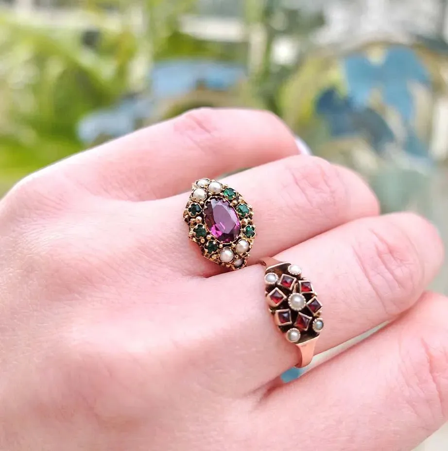 Antique Victorian Garnet Pearl 9ct Gold Ring