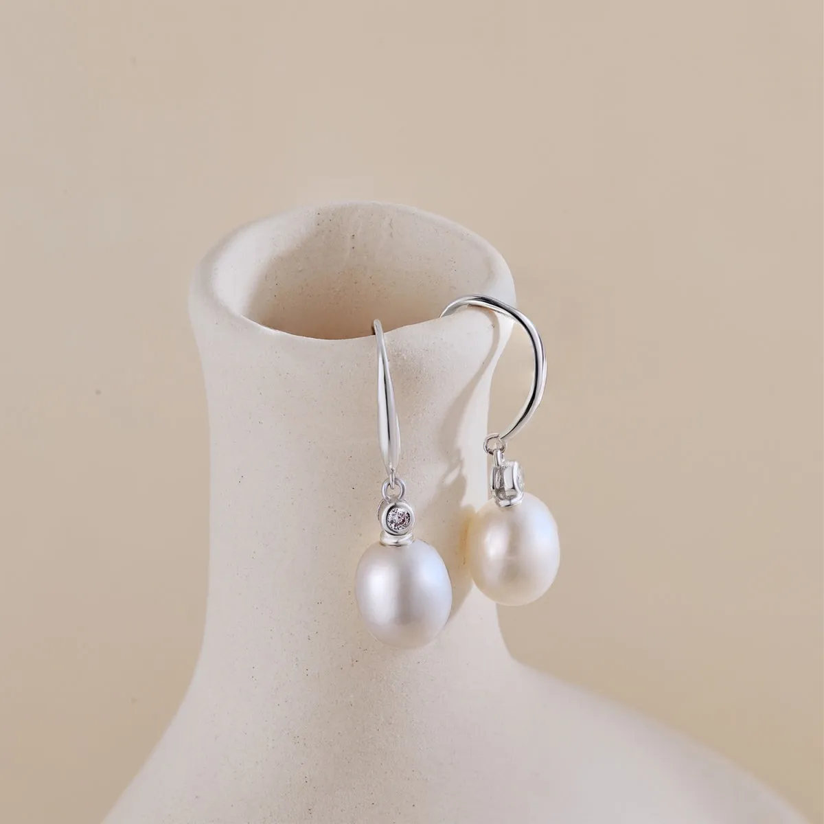 Bezel CZ Freshwater Pearl Drop Earrings