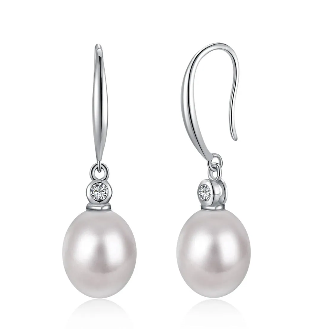 Bezel CZ Freshwater Pearl Drop Earrings