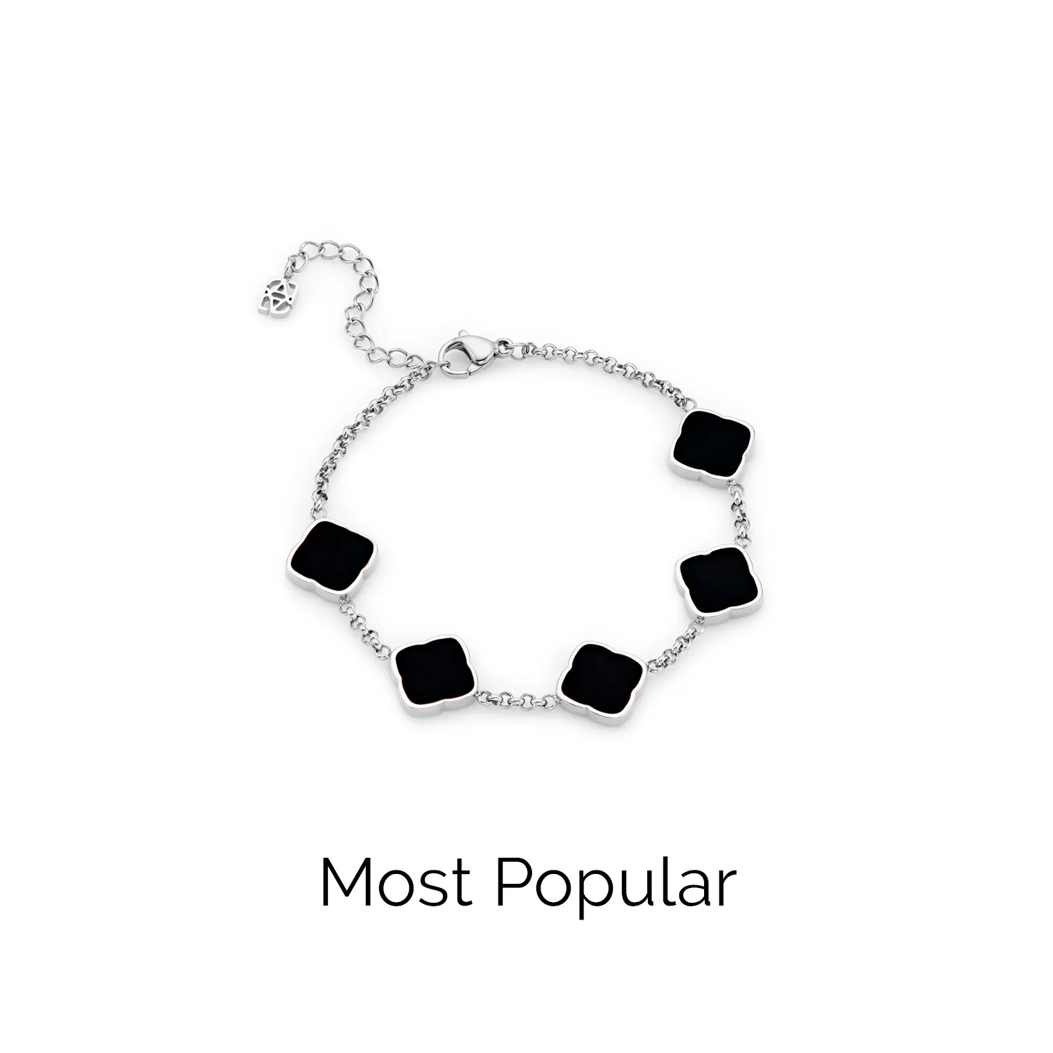 Black Enamel Multi Clover Bracelet (Silver)