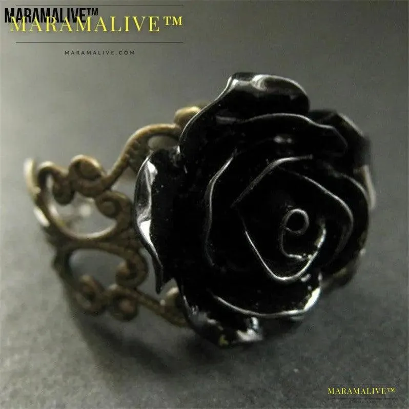 Black Rose Gothic Ring | Dark Flower Vintage Filigree