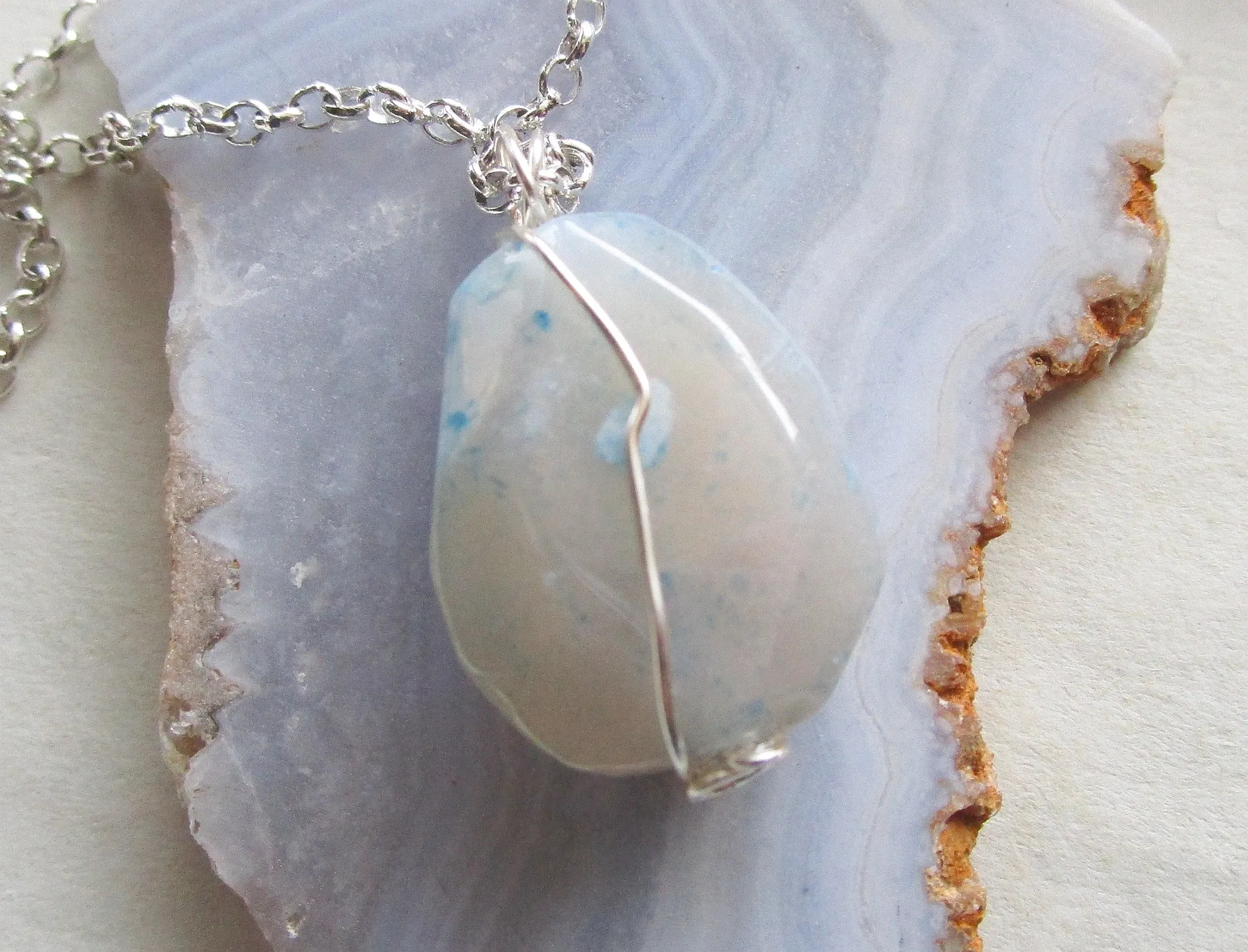 Blue Cloud Agate Gemstone Crystal Wire Wrapped Pendant Necklace