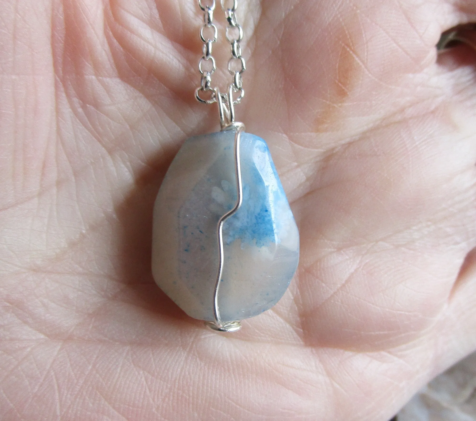 Blue Cloud Agate Gemstone Crystal Wire Wrapped Pendant Necklace