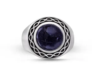 Blue Sand Stone Flat Back Cabochon Signet Ring in Black Rhodium Plated Sterling Silver