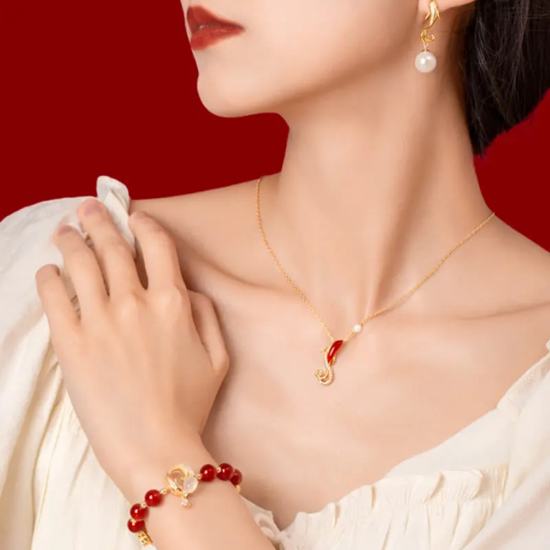 Buddha Stones 18K Gold Plated Copper Natural Red Agate Pearl Koi Fish Confidence Bracelet Necklace Pendant Earrings Set