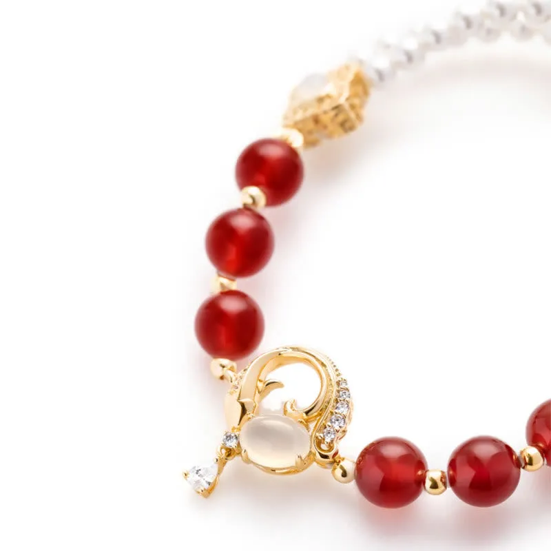 Buddha Stones 18K Gold Plated Copper Natural Red Agate Pearl Koi Fish Confidence Bracelet Necklace Pendant Earrings Set