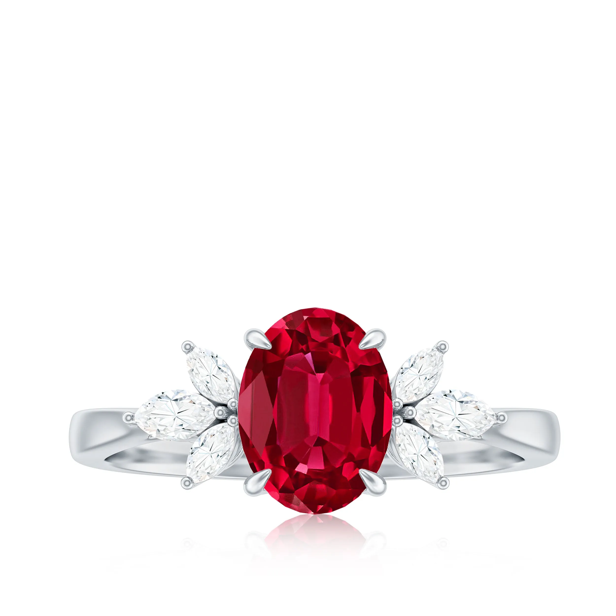 Claw Set Lab-Created Ruby Solitaire Ring with Marquise Diamond Trio