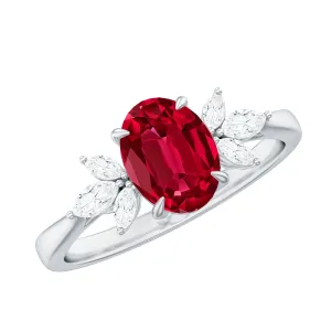 Claw Set Lab-Created Ruby Solitaire Ring with Marquise Diamond Trio