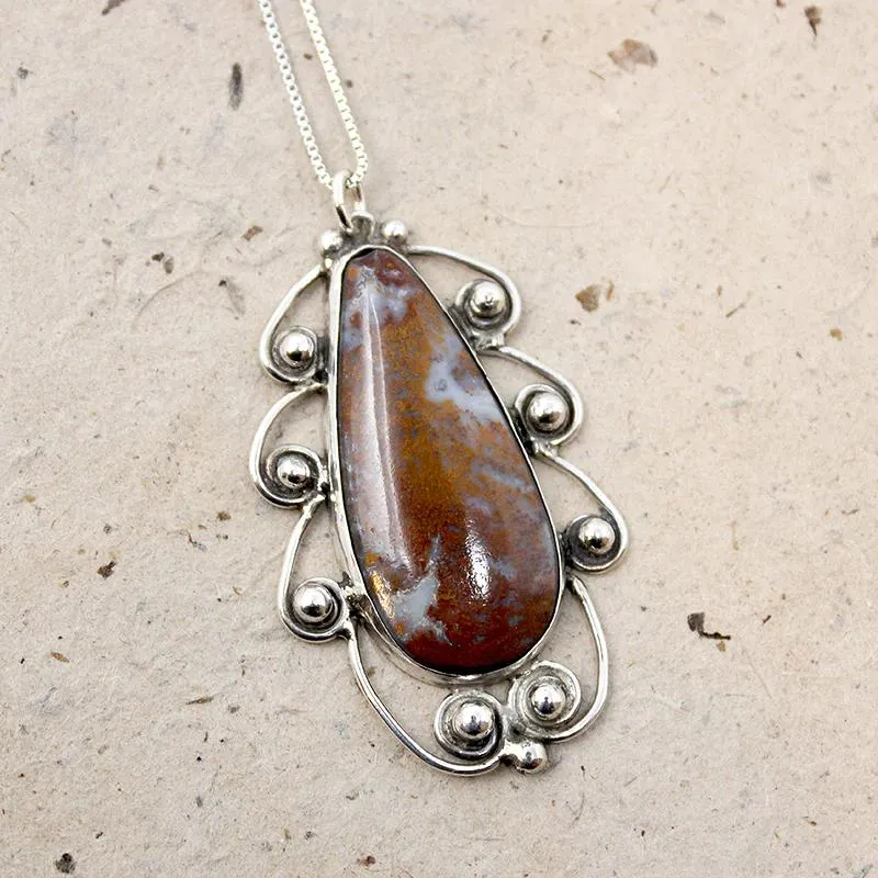 Coffee & Cream Agate in Scrolled Silver Pendant